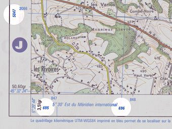 Quadrillage UTM-WGS84 imprim en bleu sur les cartes IGN